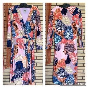Confetti Print Faux Wrap Midi Dress - Anne Klein - Size 8 - Stretch Dress